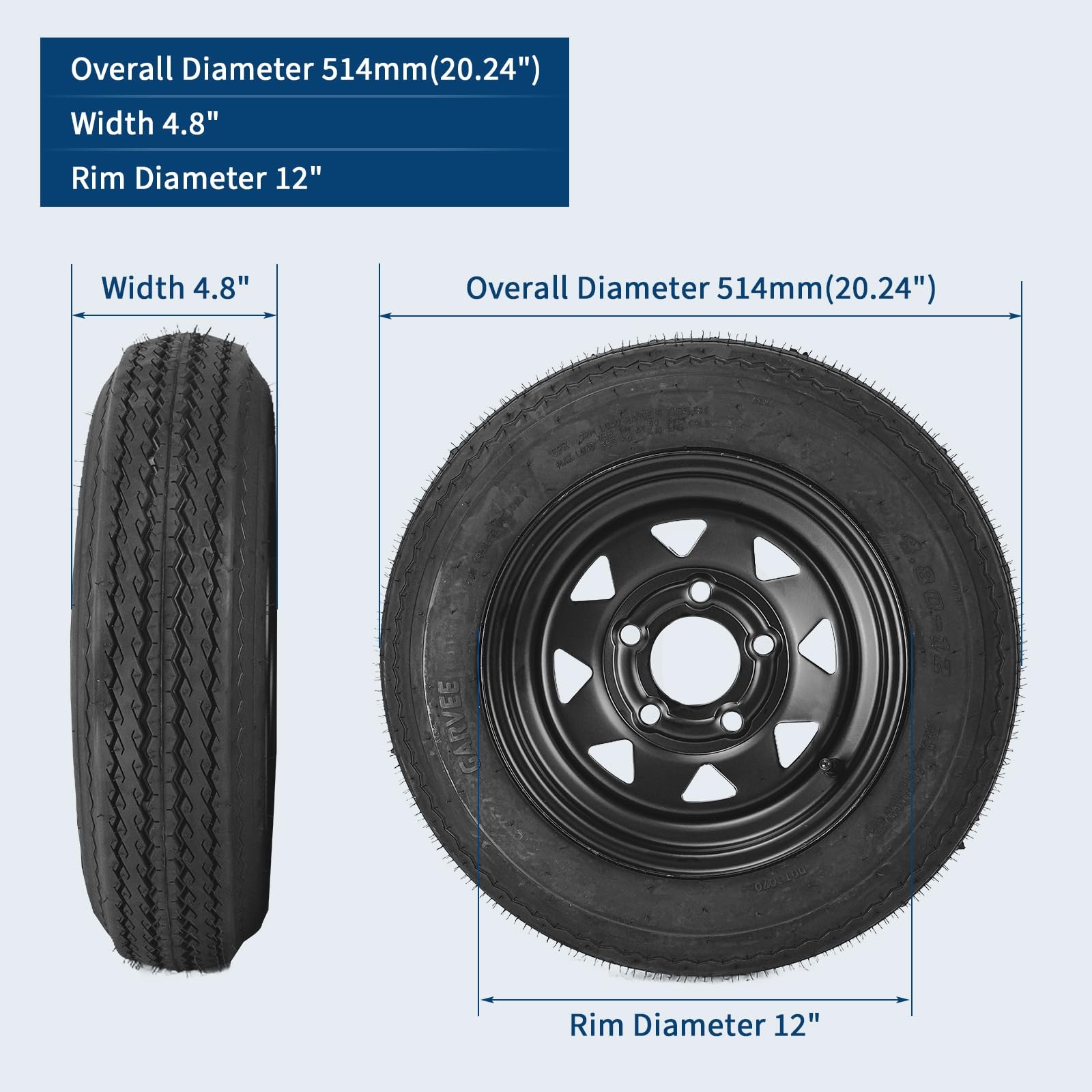 2-Pack Trailer Tire On Rim 4.80-12 480-12 4.80x12 5 Lug on 4.5" PCD 12 in Wheel