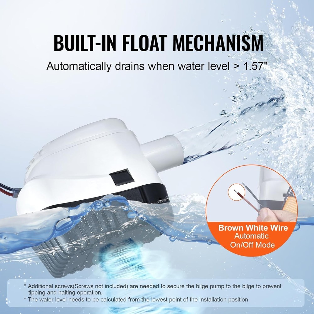 Bilge Pump, 1100GPH 12V Automatic Submersible with Float Switch for Boats/Pools