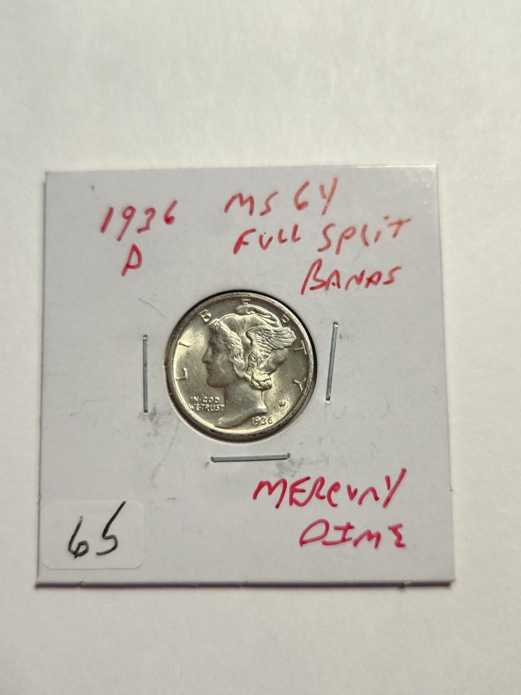 1936 D UNC+++ FULL SPLIT BANDS 90% SILVER MERCURY DIME