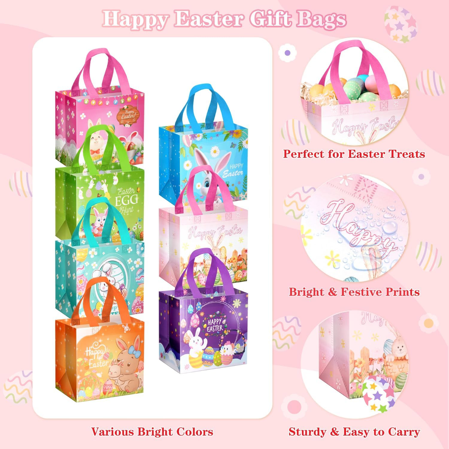 7Pcs Happy Easter Gift Bags, Reusable Non-Woven Goodie Bags with Handle for Kids