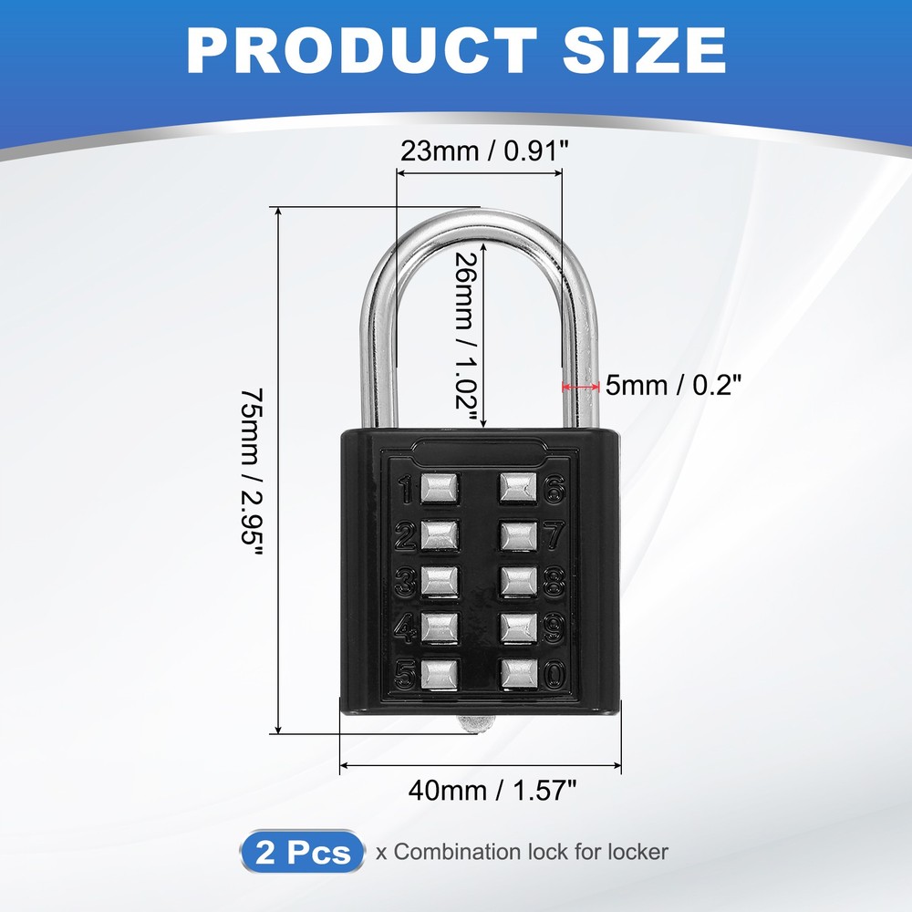 2Pcs Push Button Combination Padlock 10-Digit 5-Position Lock Black
