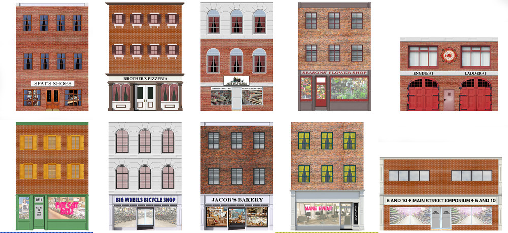 10 Strorefront Flat Buildings for Backgrounds for O Scale Train Layouts