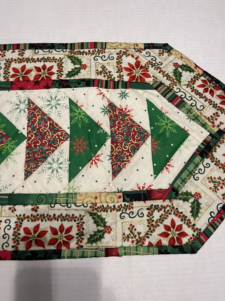 Handmade Patchwork Christmas Table Runner Red Green 38” X 14”