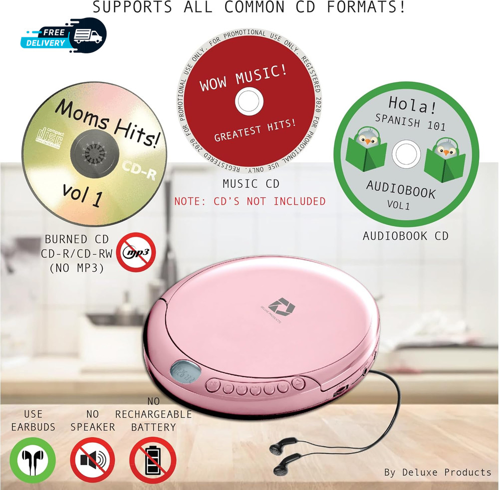 CD Player Portable with 60 Second anti Skip, Stereo Earbuds, Includes Cable