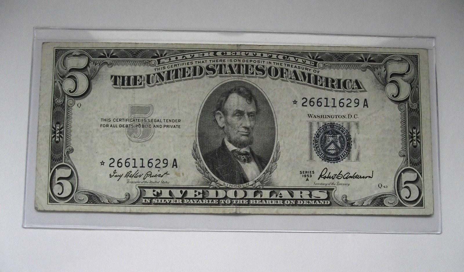 1953-A $5 Silver Certificate Star Note Blue Seal