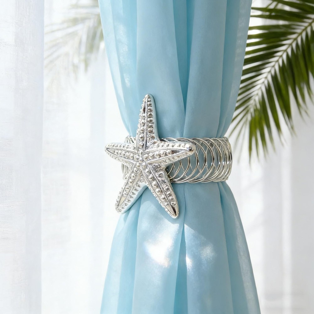 Silver Starfish Curtain Tiebacks, 2 Pack Adjustable No Drill Curtain Holdback...