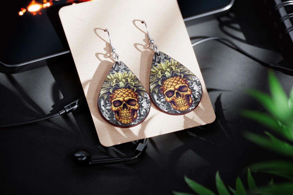 Pineapple Skull Teardrop Earrings