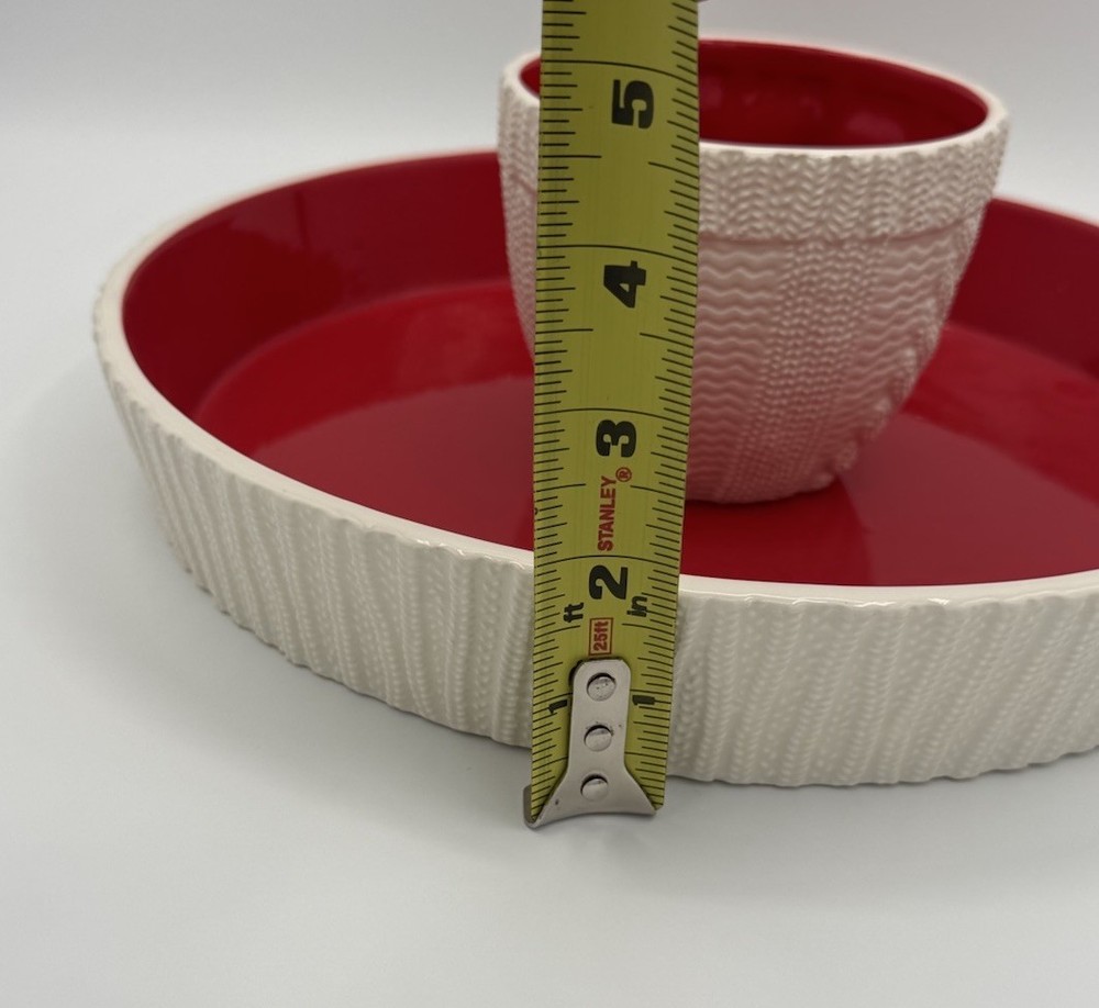 12” Hallmark serving tray w-attached sweater bowl in Center for dip/ Red & White