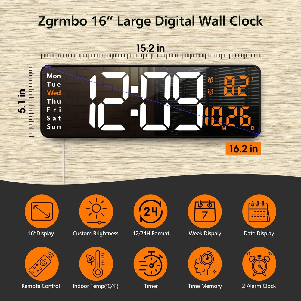 Zgrmbo 16" Large Digital Wall Clock with Remote, Large Display LED Wall Clock...