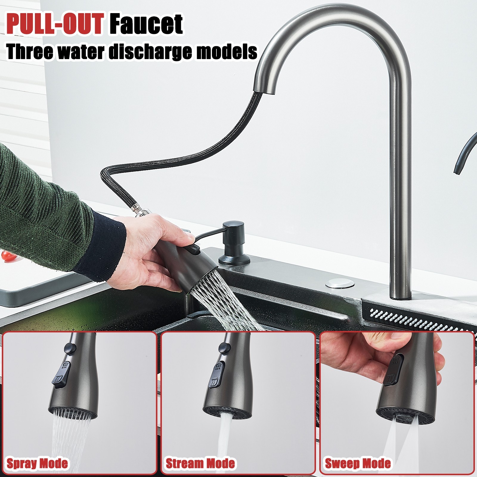 24" Flying Rain Stainless Steel Waterfall Kitchen Sink with Faucet Single Bowl