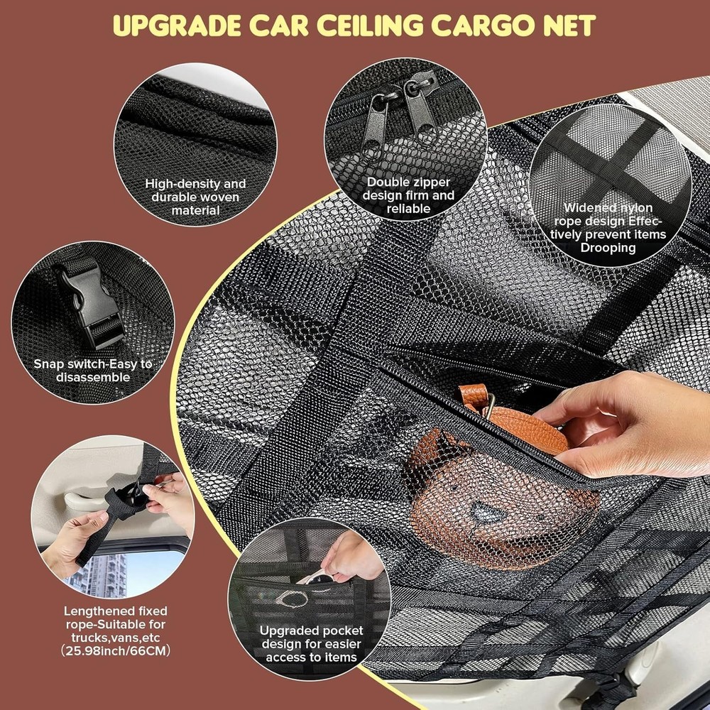 Double-Layer Car Ceiling Cargo Net Pocket - 31.5x21.6 Inches Storage Solution