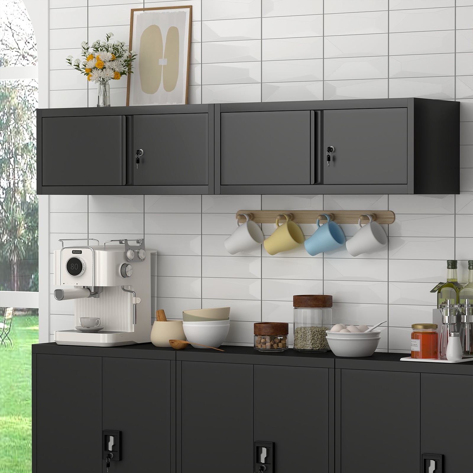 Metal Locking Cabinet, Garage Wall Cabinet, Steel Storage with Doors and Shelves