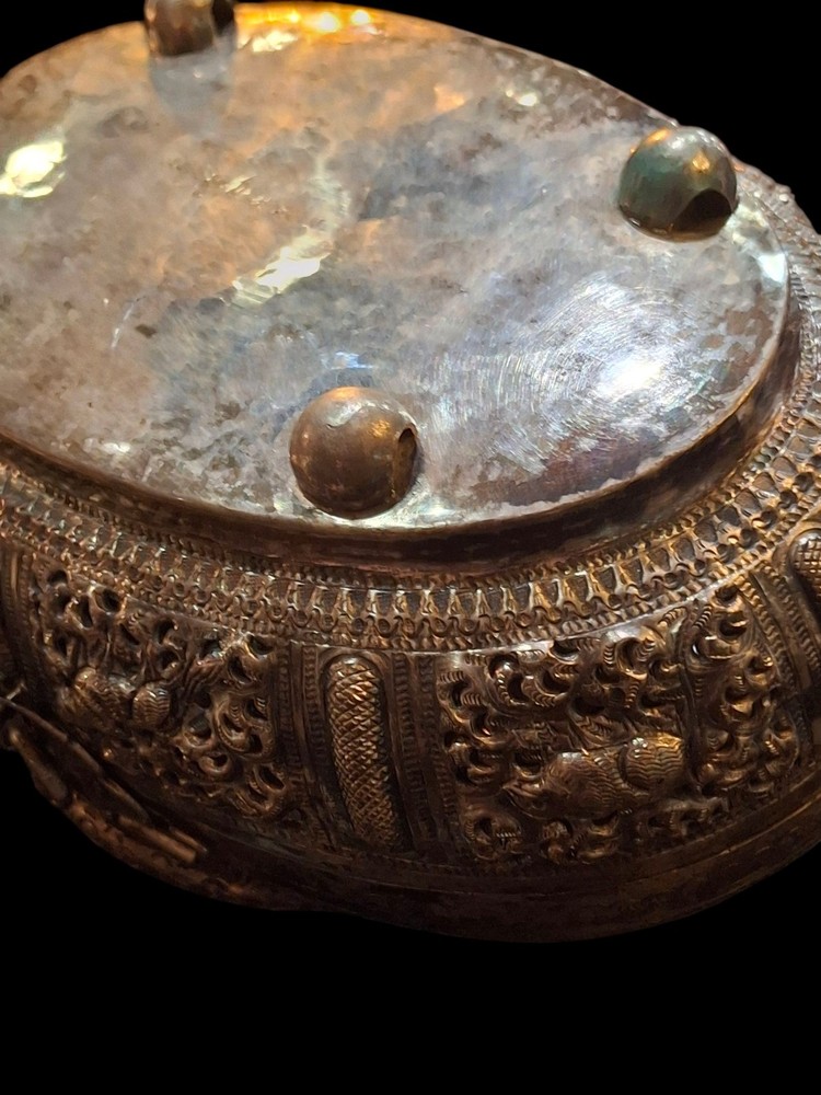 Antique Burmese Silver Tone "Thabeik" Locking Casket Hinged Container Marked...