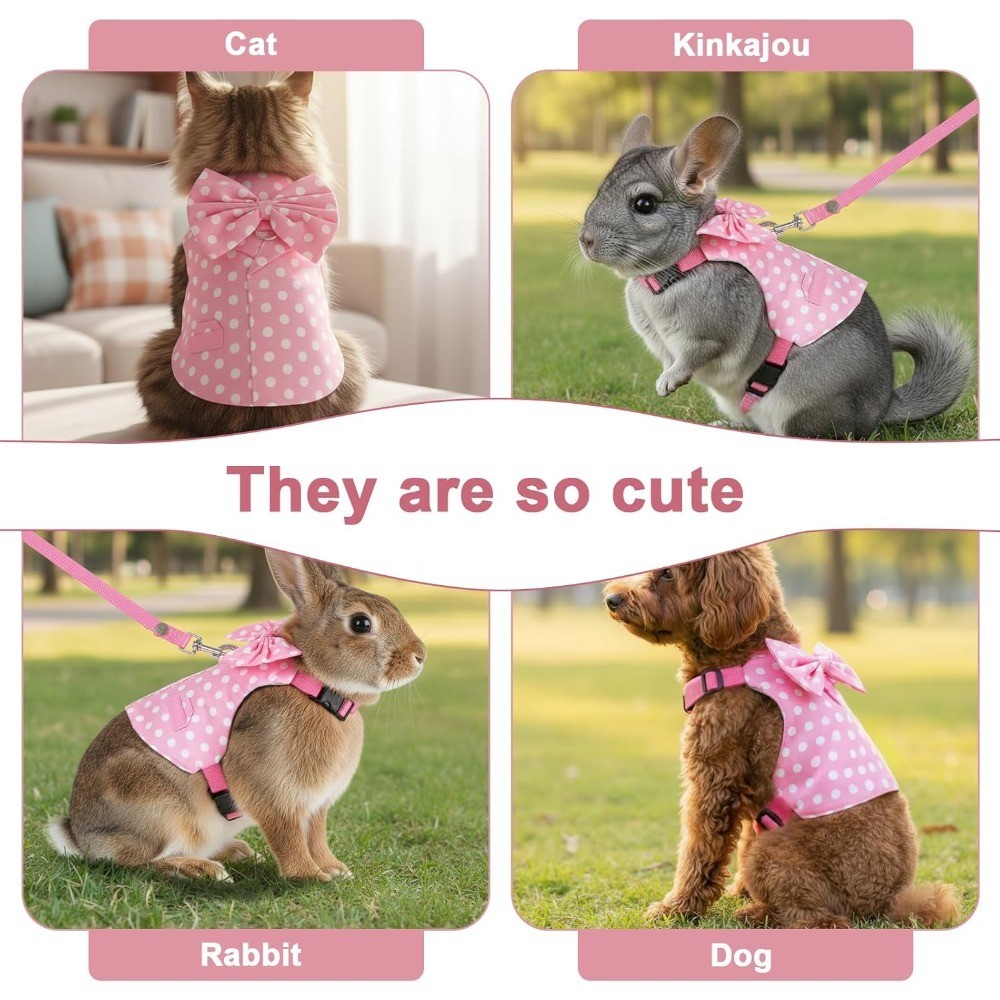 Pink Polka Dot Rabbit Harness and Leash Set Cute Easter Bunny Suit with Bow for
