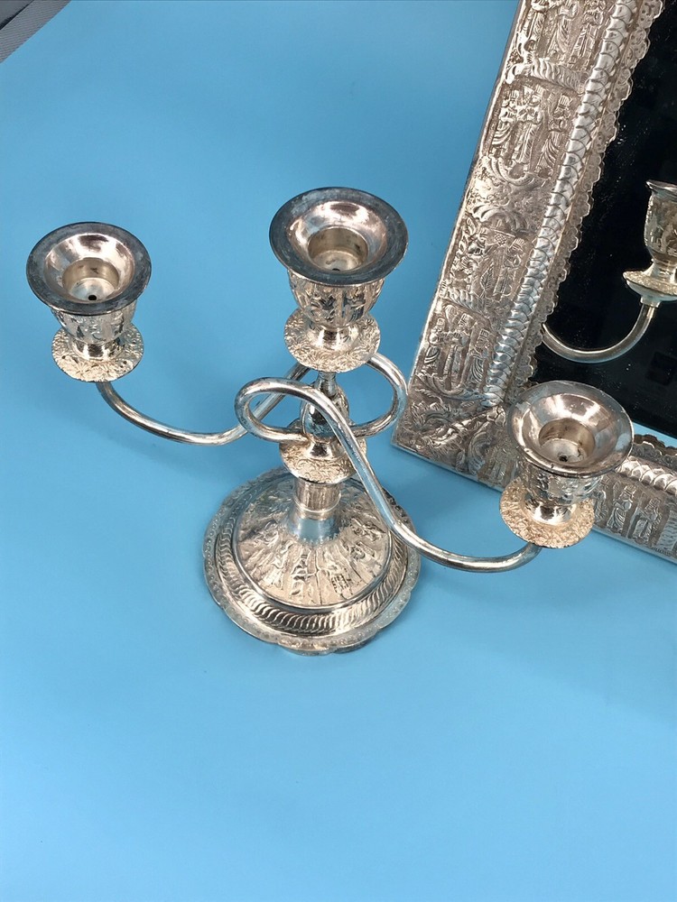 Middle Eastern,carved set Candlestick & Sheet Mirror 84 SOLID Silver 2800 grams