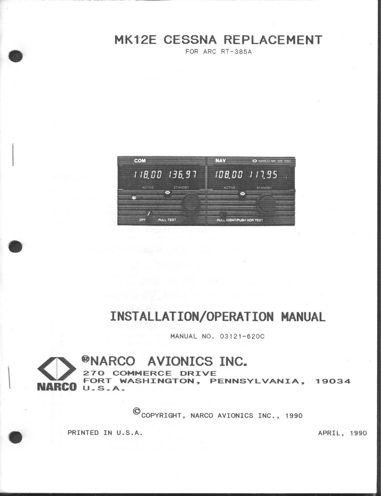 Narco Avionics MK12E Cessna Replacement Installation Manual Original April 1990