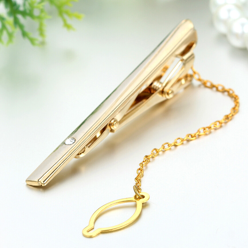 Polished Gold Tone Metal CZ Cufflinks Tie Bar Clasp Clip Set Men's Modish Gift