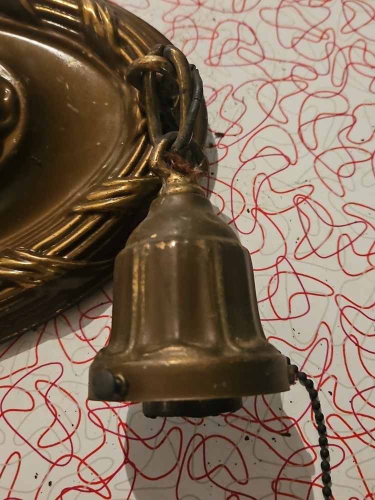 Antique Hanging Ceiling 2 Light Fixture Pressed Embossed Brass Ceiling Canopy