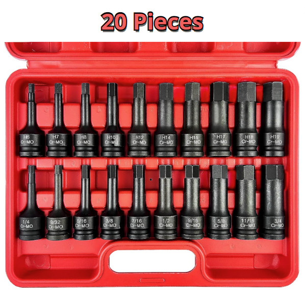 1/2" Drive Master Impact Hex Bit Set, 20 Piece Hex Driver Socket Set, Allen Bit