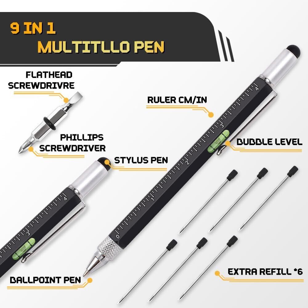 9-in-1 Multitool Pen 2-Pack + 6 Refills – Stocking Stuffers for Men Gift