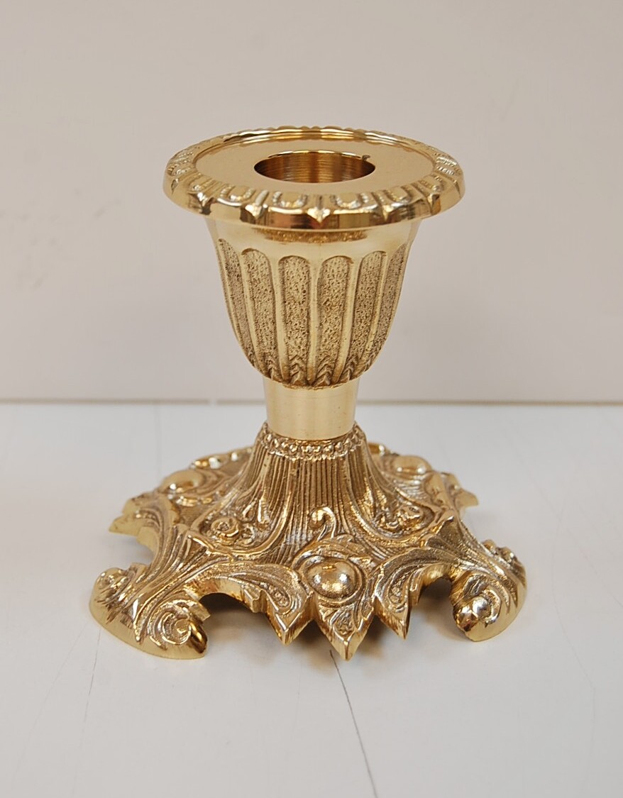 SET OF 6 SHORT 3 1/2" BRASS CHURCH ALTAR CANDLESTICKS & ALTAR CROSS (#399/#315)