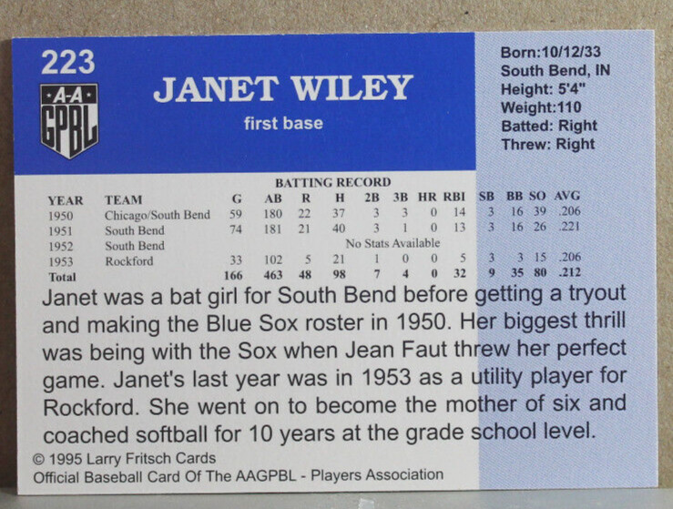 AAGPBL "JANET WILEY" SIGNED CARD #223