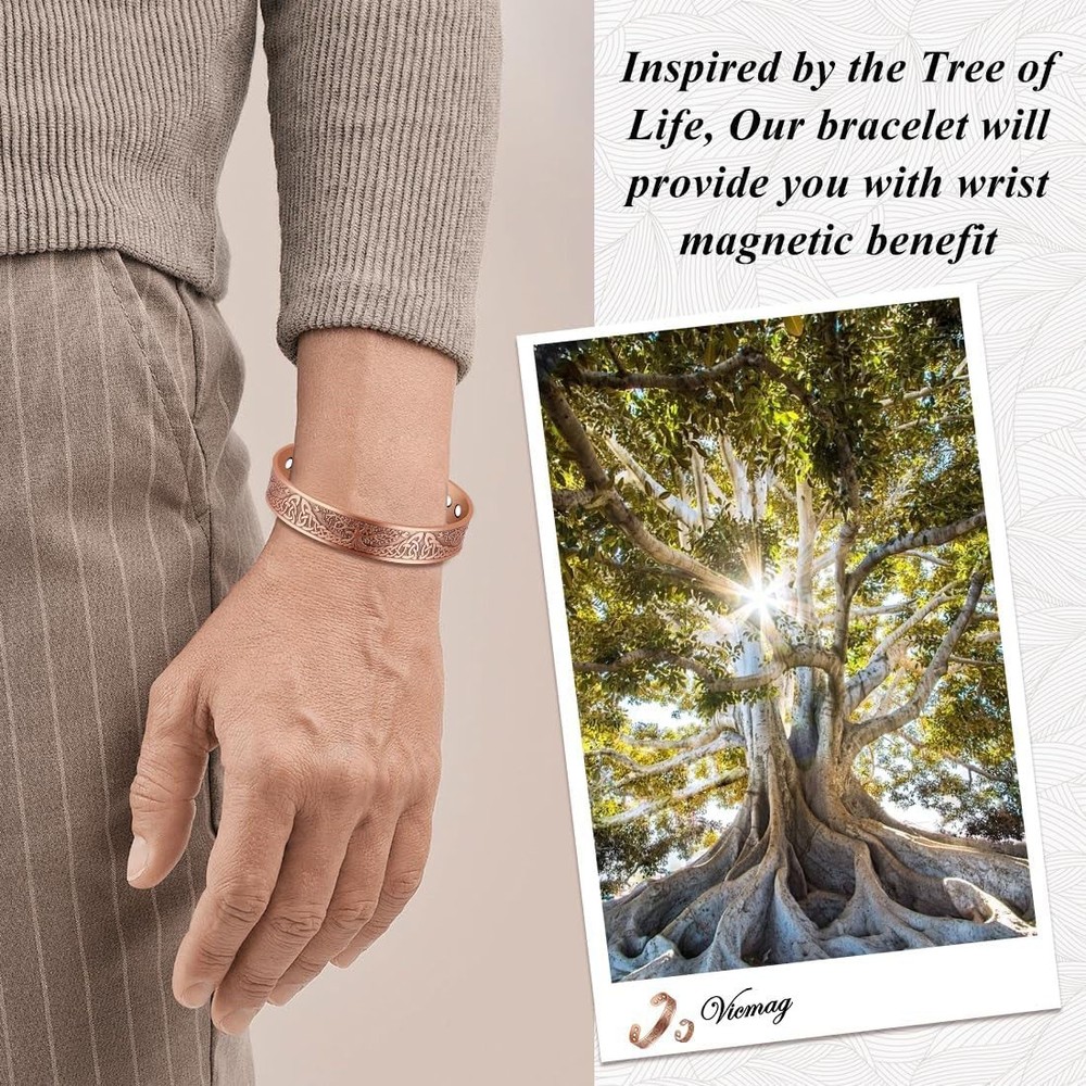 Men's Bracelet Magnetic Solid Pure Copper Bangle Tree Therapy Relief Arthritis