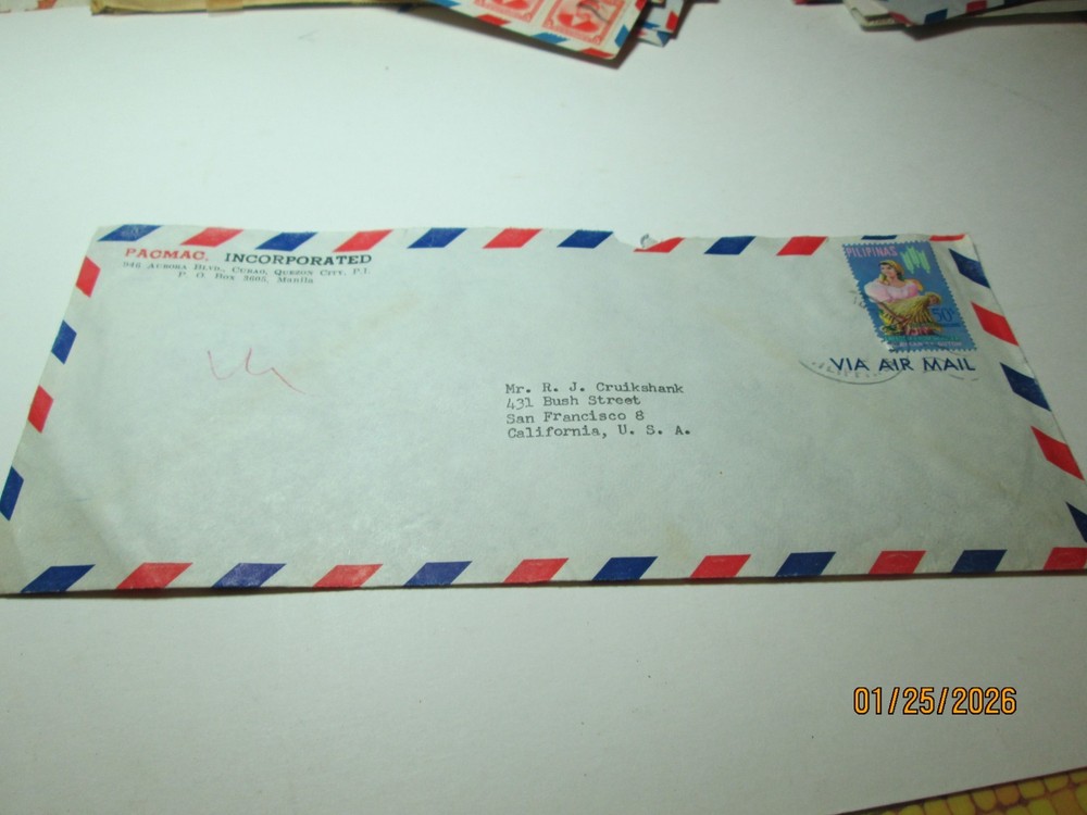 AIR MAIL ENVELOPE POST MARKED MANILA PHILIPPINES. PACMAC INC. 1 STAMP.