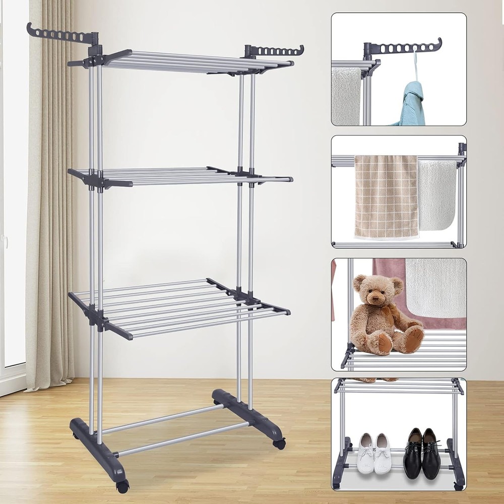 Clothes Drying Rack Foldable 4 Tier Stainless Steel Laundry Drying Stand
