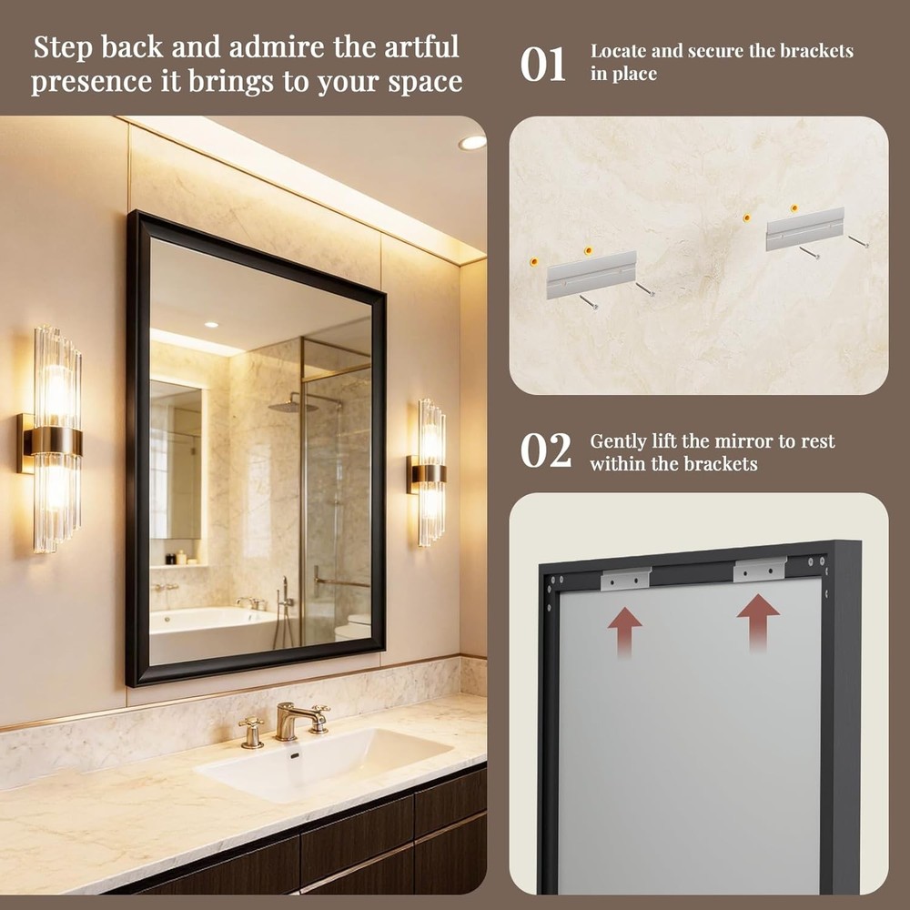 USHOWER 22x30" Black Bathroom Mirror Metal Frame Rectangle Wall Vanity Mirror