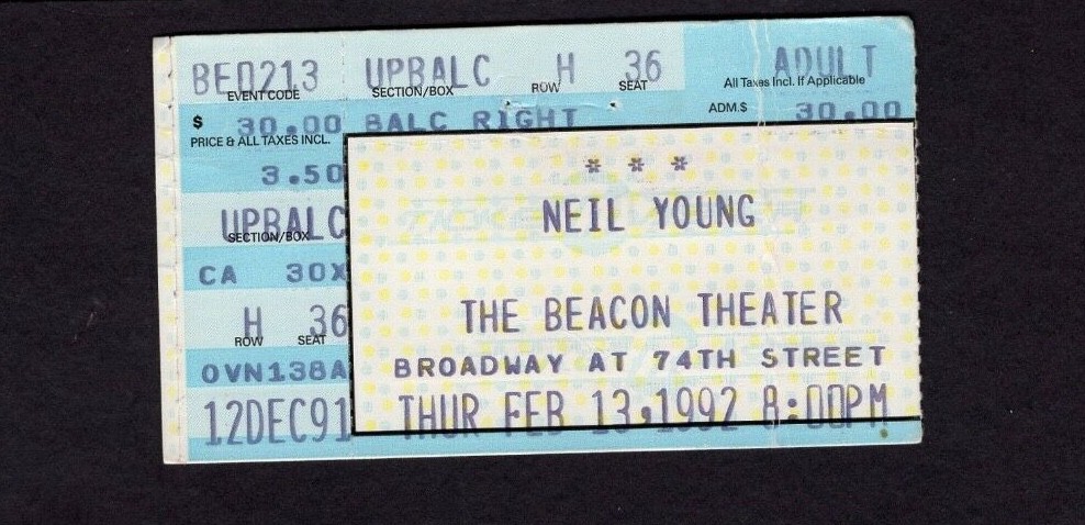 1992 Neil Young Solo concert ticket stub Beacon Theatre New York