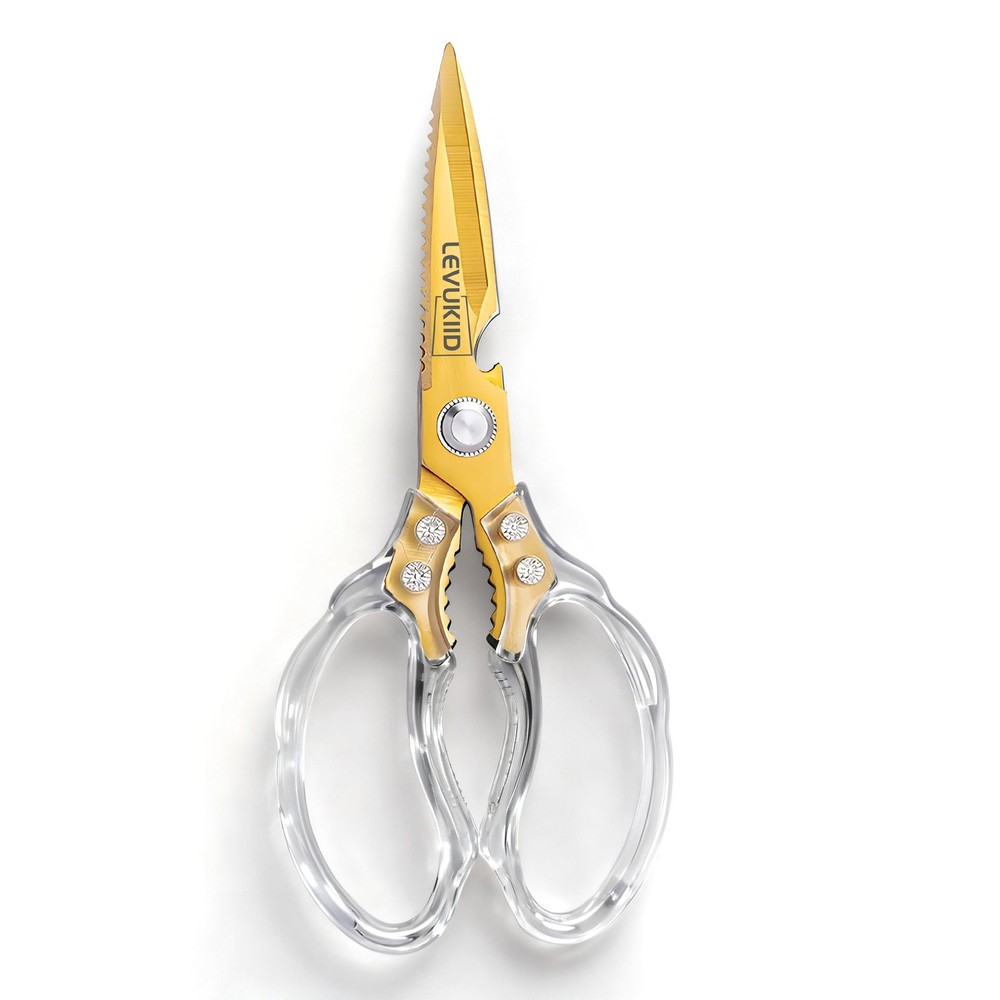 LEVUKIID Rust-Resistant Kitchen Scissors, Transparent and 9 INCH, Gold