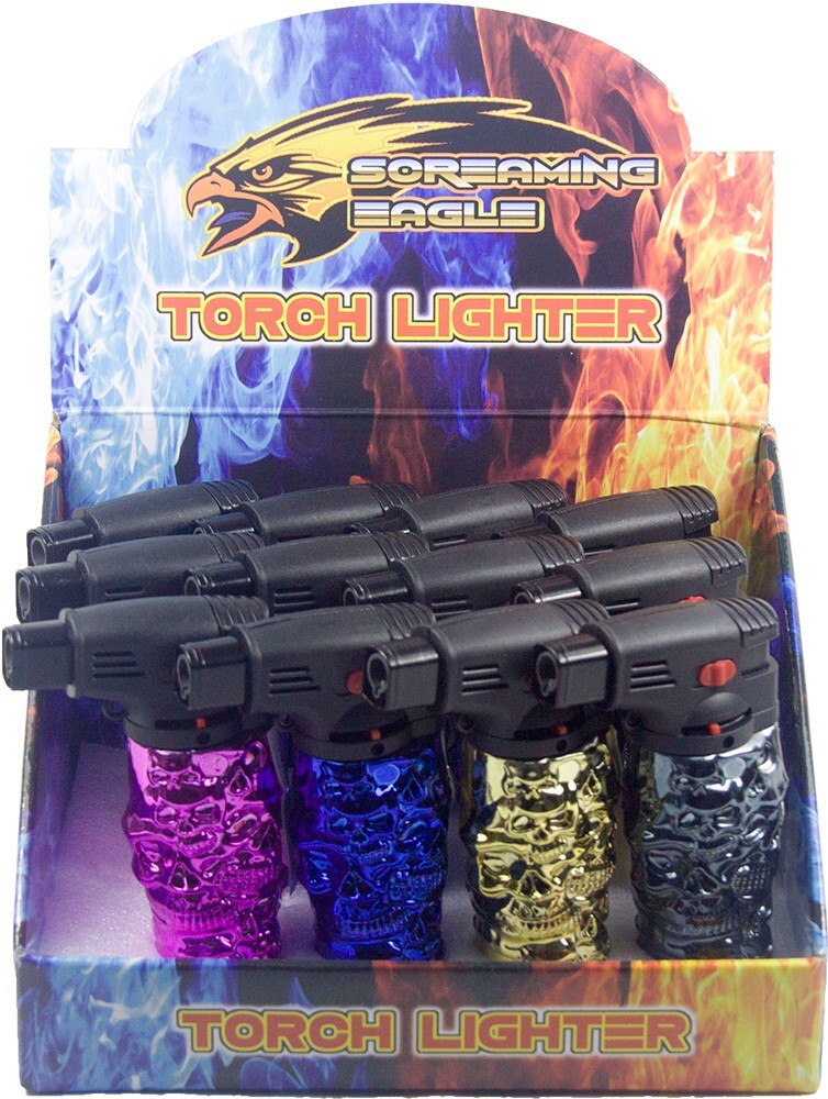 5 Pack 4.3" Jet Torch Gun Lighter Refillable Lockable Adjustable Engraved Skull2