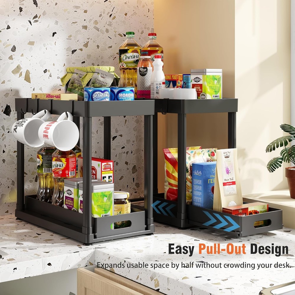 Pull Out Under Sink Organizer 2 Pack Sliding Cabinet Storage Rack Black