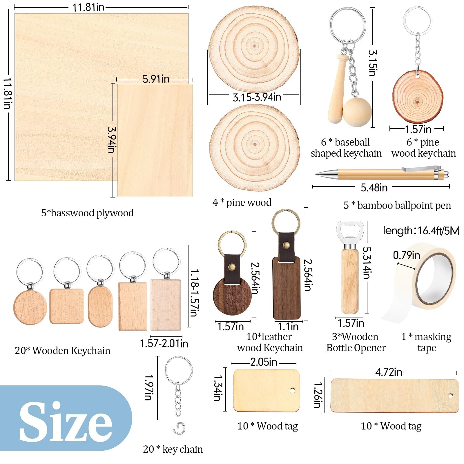100 Pcs Laser Material Kit Engraving Blanks Wooden Keychains Blanks Set Laser Cu