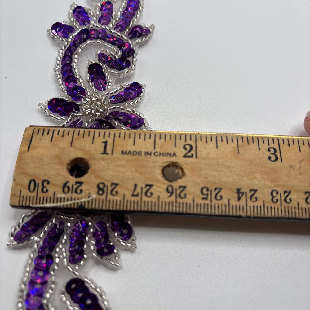 6 Purple Sequins Appliques Silver Beaded Border D2