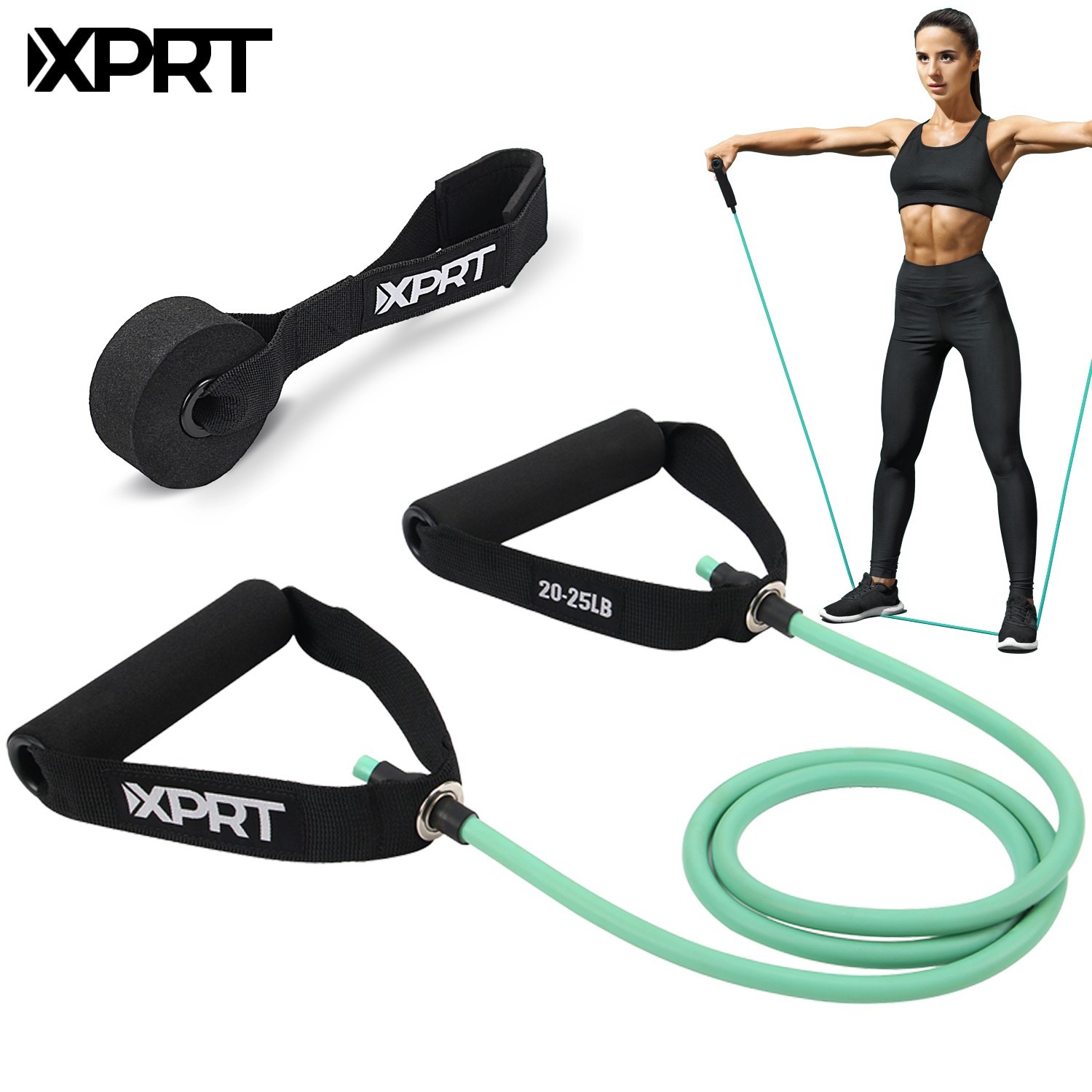 XPRT Fitness Resistance Tube Band w/ Handles & Door Anchor–Durable Natural Latex
