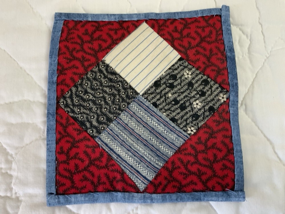 Antique Vintage Table Topper, Patchwork Quilt Top, Four Patch, Red, Blue, Mini