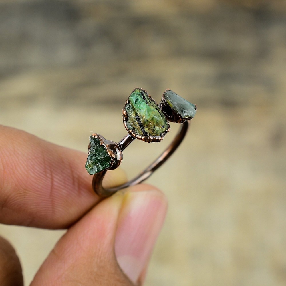Green Tourmaline Rough Electroformed Adjustable Ring Size Adjustable Copper