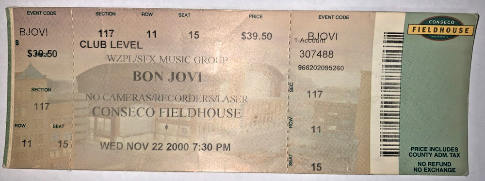 Bon Jovi full ticket Indianapolis November 22, 2000