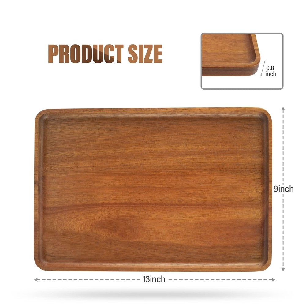 2 PCS Solid Acacia Wood Serving Trays Rectangular Wooden Serving Platters Nat...