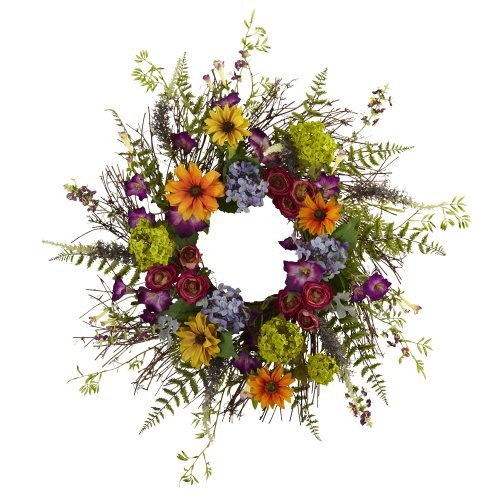 24-Inch Spring Garden Wreath with Twig Base, Multicolored/Green