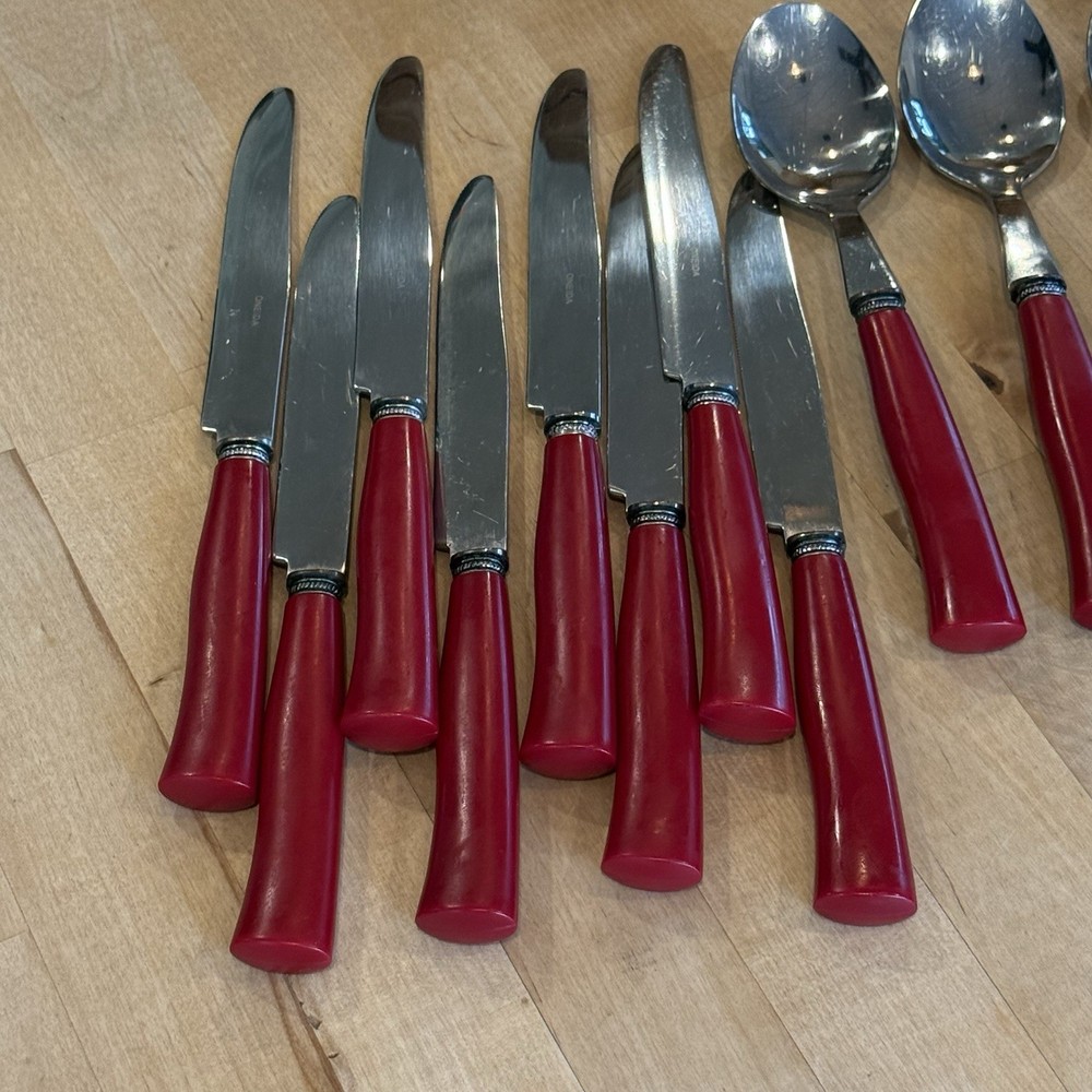 Vintage Red Bakelite Stainless Tableware By Oneida Ltd