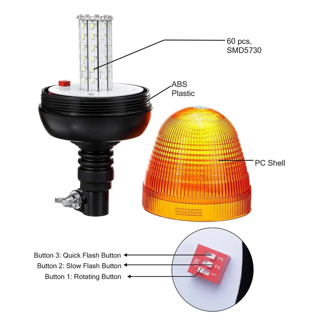 12V 24V LED Rotating Flash Beacon Flexible DIN Pole Mount Tractor Warning Light