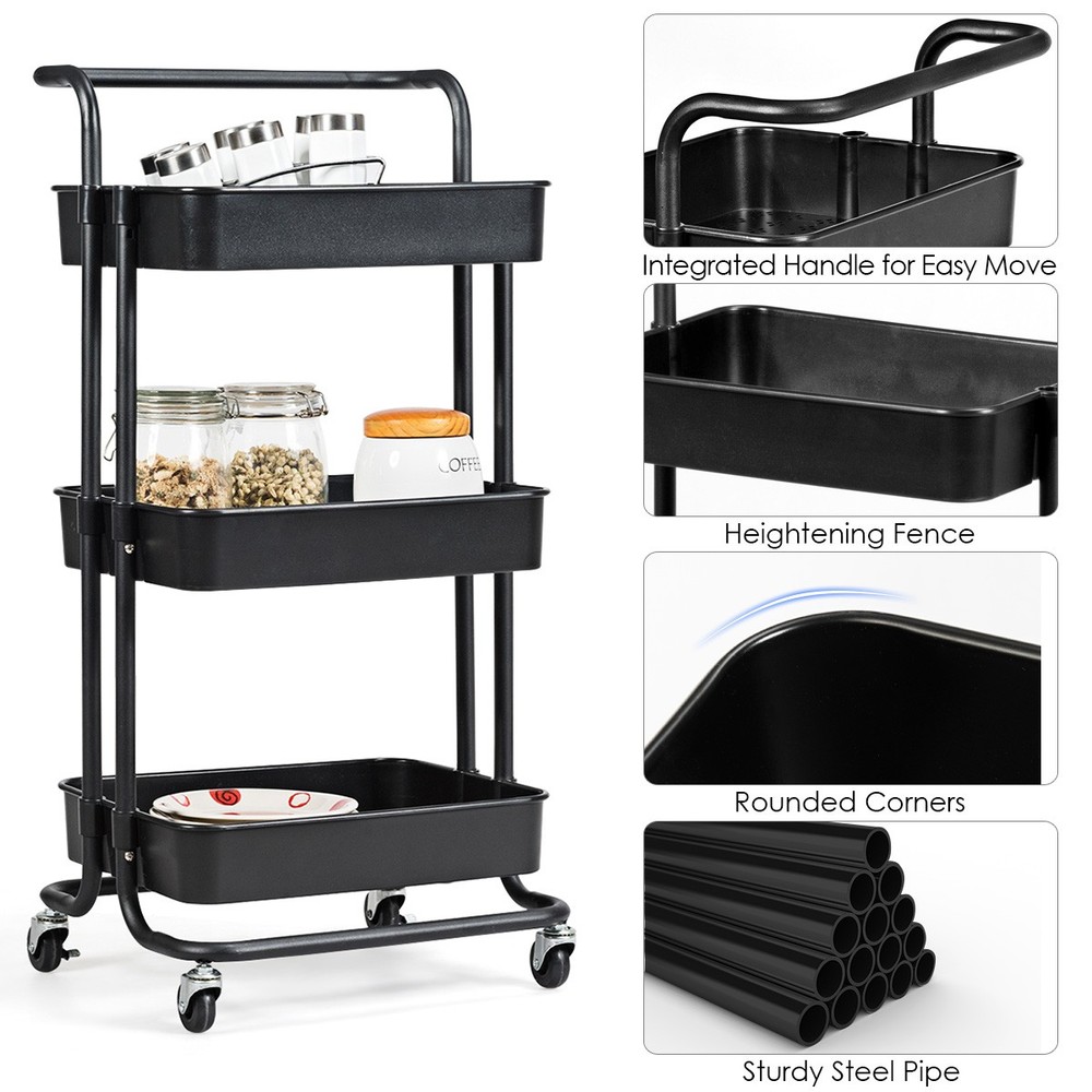 3 Tier Rolling Cart with Wheels Practical Handle & ABS Basket Organizer Black