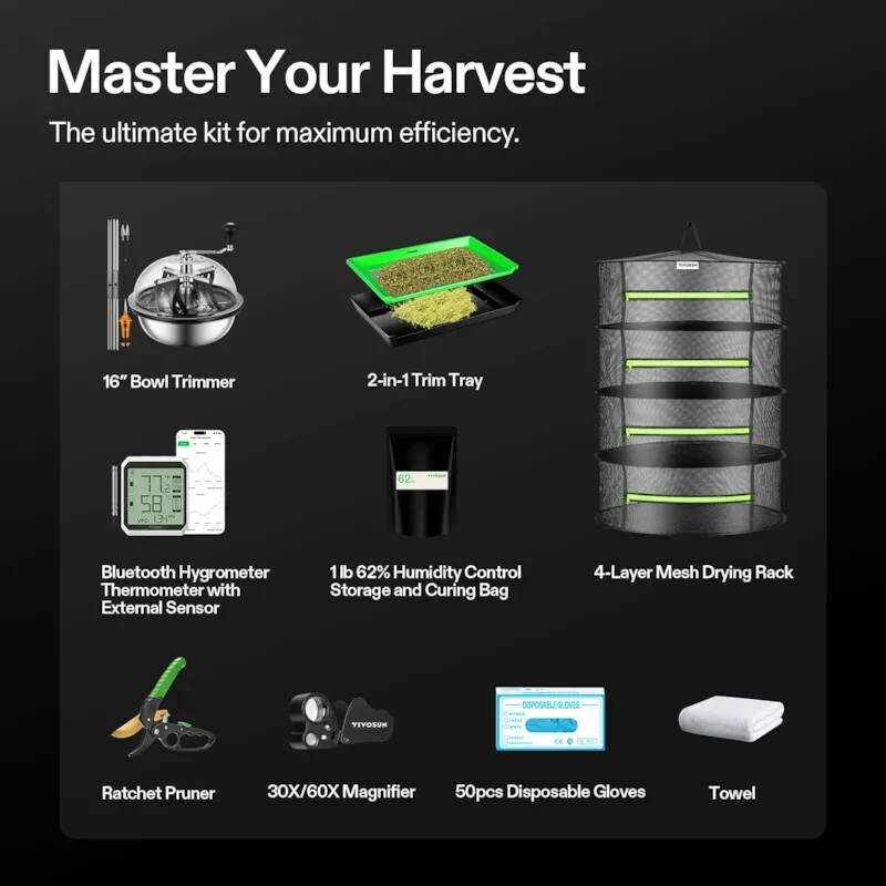 Inclusive Harvest Kit, Includes 16” Bowl Trimmer,Trim Tray, Drying Rack Tools