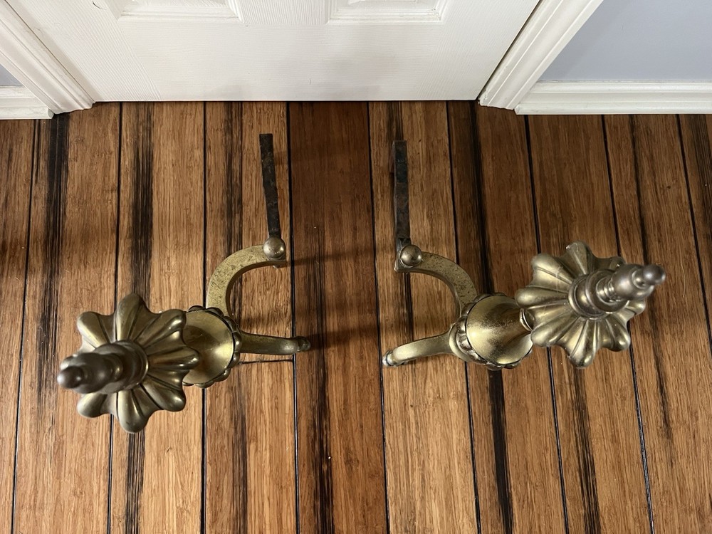 Pair Antique French Empire Style Solid Brass Fireplace Andirons Firedogs
