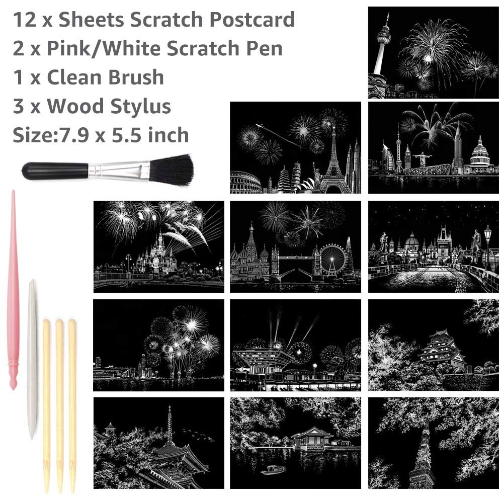 Scratch Art Paper, Rainbow Night View Scratchboard Medium, Fireworks Series