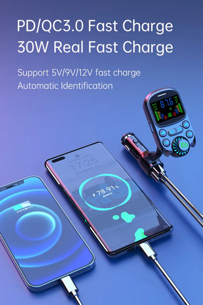 Bluetooth FM Transmitter Wireless Car Radio MP3 Hands-Free Fast Charging Adapter