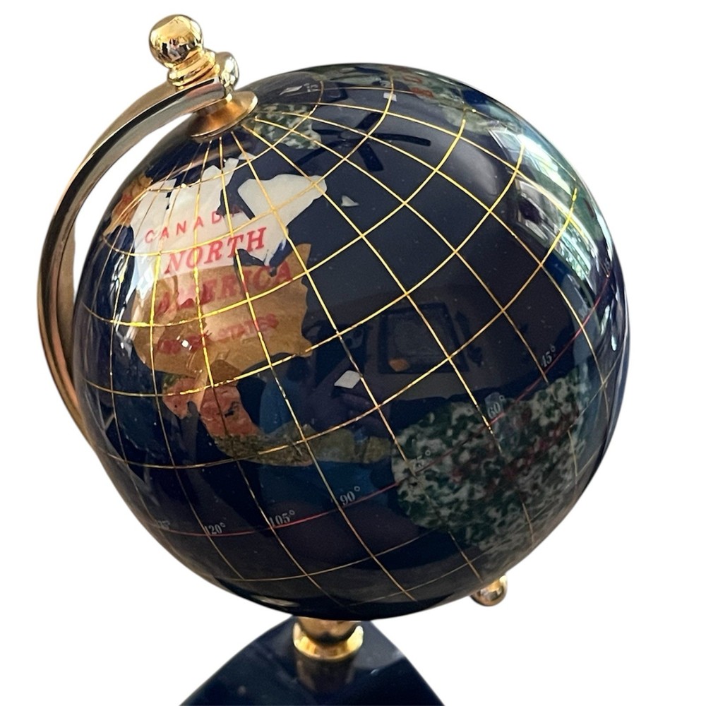 Desktop Blue World Globe With Clock & Lapis Lazuli Stone Stand 7"